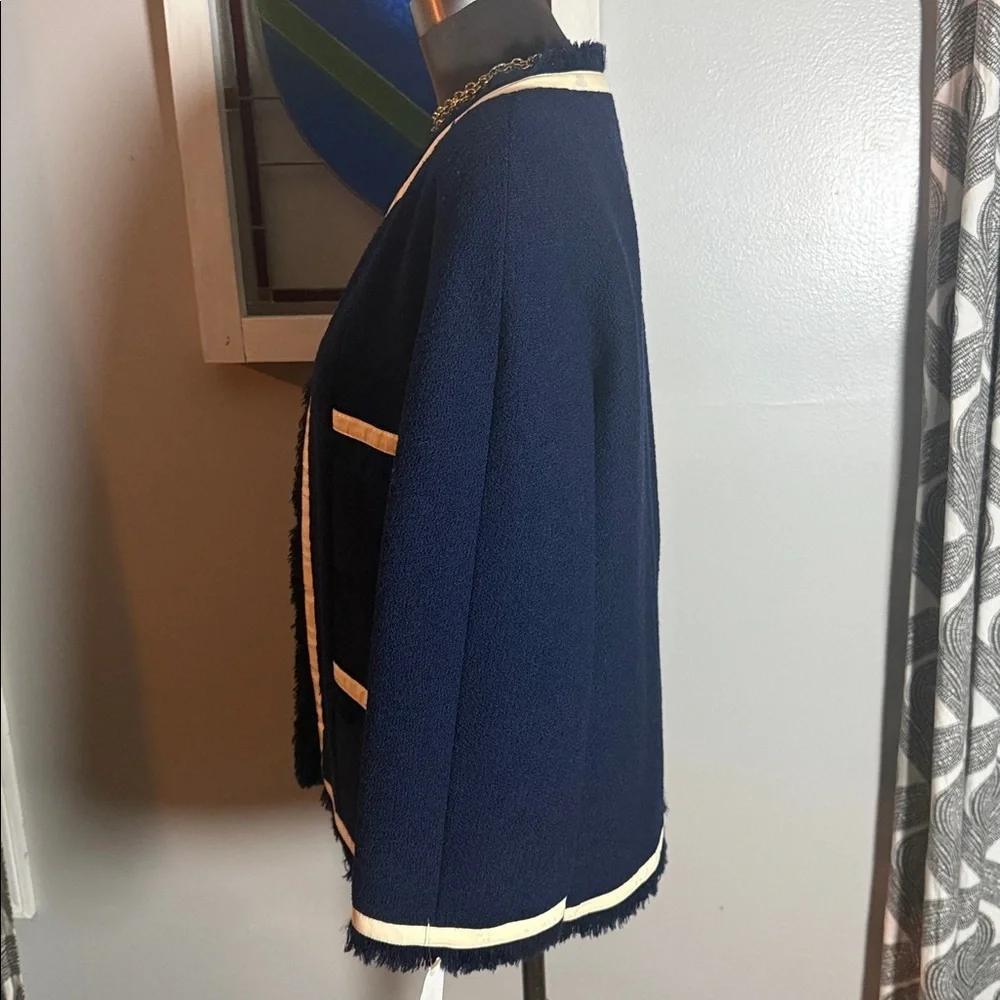Vintage CHANEL Navy Tweed Fringed Jacket with Cream Vinyl Trim SZ40